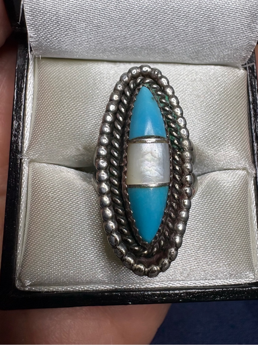 Ring Sterling Silver Native American Signed Turquoise Mother-of-Pearl Marquise